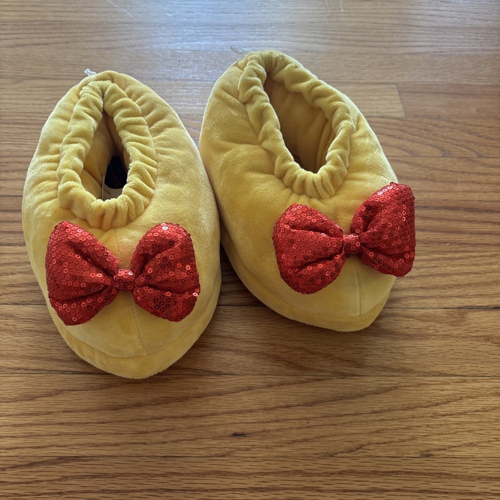 Disney Parks Minnie Mouse Plush Slippers Yellow Red Polka Dot Bow Adult Small